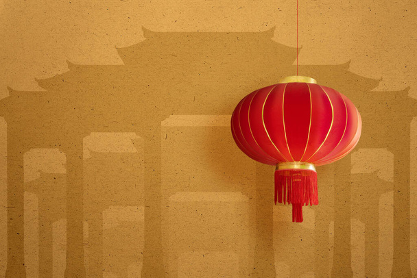 Chinese lanterns hanging with patterned wall background - Φωτογραφία, εικόνα