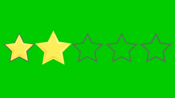 Cinco estrellas amarillas evaluación del producto del cliente. Ilustración plana vectorial aislada sobre el fondo verde - Metraje, vídeo