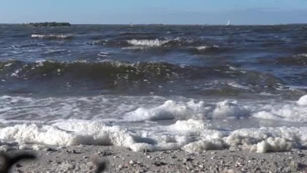 A beleza das ondas do oceano rolando sobre a praia de areia em um dia ensolarado. - Filmagem, Vídeo