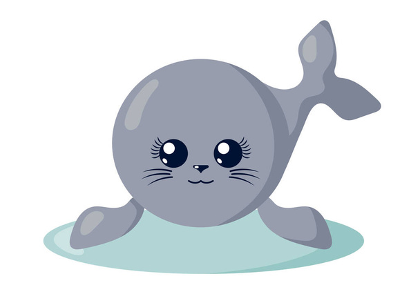 Funny cute kawaii fur seal with round body in flat design with shadows. Isolated animal vector illustration - Vector, Image