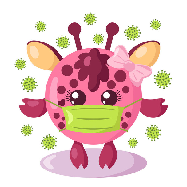 Funny cute kawaii giraffe girl with round body and protective medical face mask surroundet by viruses in flat design with shadows. Isolated vector illustration - Vector, Image