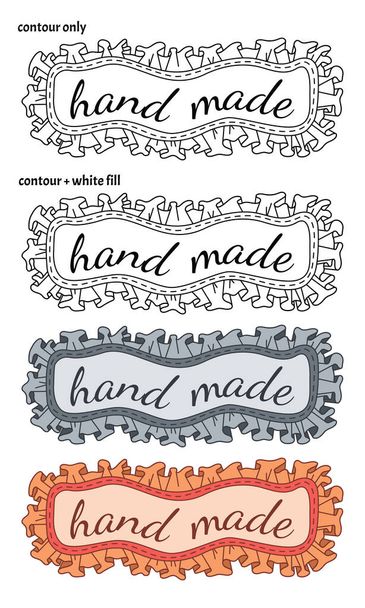 Állítsa be aranyos keretek textil fodrok, szalag, varrás és felirat "kézzel készített". Színes elszigetelt dekoratív vektor illusztrációja kreatív foglalkozás - Vektor, kép