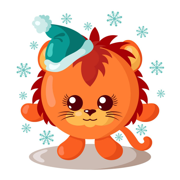 Divertente leone kawaii carino con cappello di Natale e corpo rotondo simbdet da fiocchi di neve in design piatto con ombre. Illustrazione vettoriale isolata delle vacanze invernali - Vettoriali, immagini
