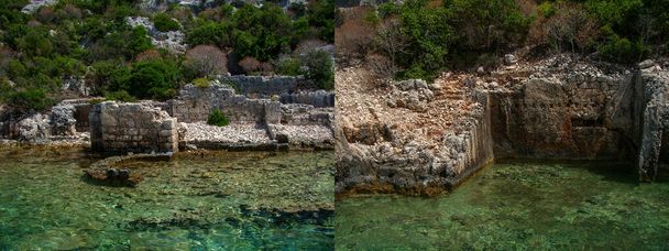 Medieval ruined castle or fortress on the seashore partially hidden under water. Collage of two photos to illustrate travel or vacation tour - Photo, Image