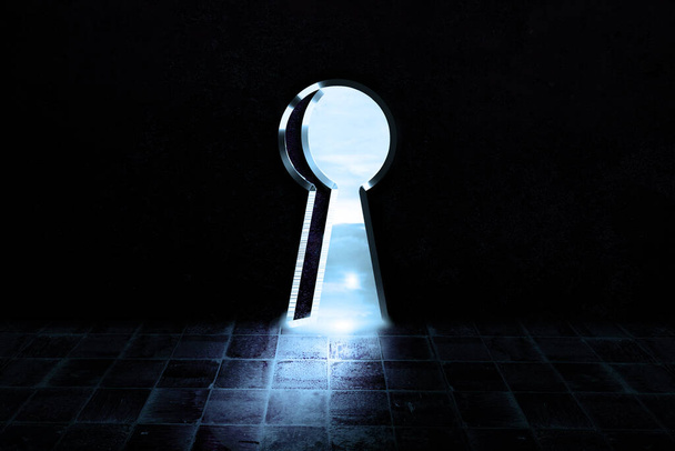 ilustracja ciemnego pokoju z dziurką od klucza jako źródłem światła. brama 3d wizualizacja realistyczna abstrakcyjna wolność. klucz do sukcesu, marzenia i surrealistyczna koncepcja - Zdjęcie, obraz