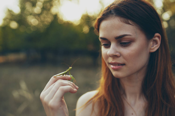 γυναίκα με έντομο στο χέρι της προσεύχεται μάντης φύση δέντρα καλοκαίρι - Φωτογραφία, εικόνα
