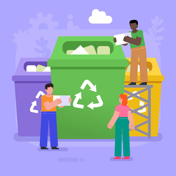 Riciclare spazzatura, salvare l'ecologia, concetto di ambiente. Un gruppo di persone che buttano spazzatura nei grandi bidoni del riciclaggio. Moderna illustrazione vettoriale - Vettoriali, immagini