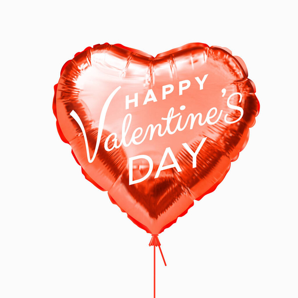 Happy Valentine's Day. Heart shaped red foil helium balloon with an inscription. Realistic inflated balloon isolated on white. Holiday gift. Festive decor element. Entertainment industry. 3d vector - Vetor, Imagem