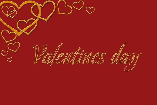 Tarjeta de felicitación plana de San Valentín, pancarta, póster, volante con corazones de oro. Ilustración sobre un fondo rojo aislado. - Foto, Imagen