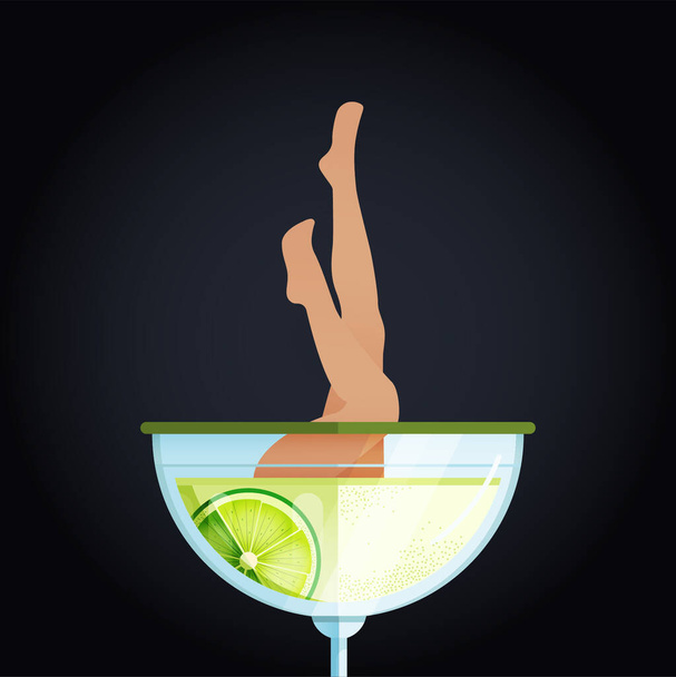 Moderní ploché vektorové koncepce Ilustrace. Social Media Ads with Cocktail and Beautiful Legs Appear From Glass Against Dark Background Poster Concept. Nápis - web. - Vektor, obrázek