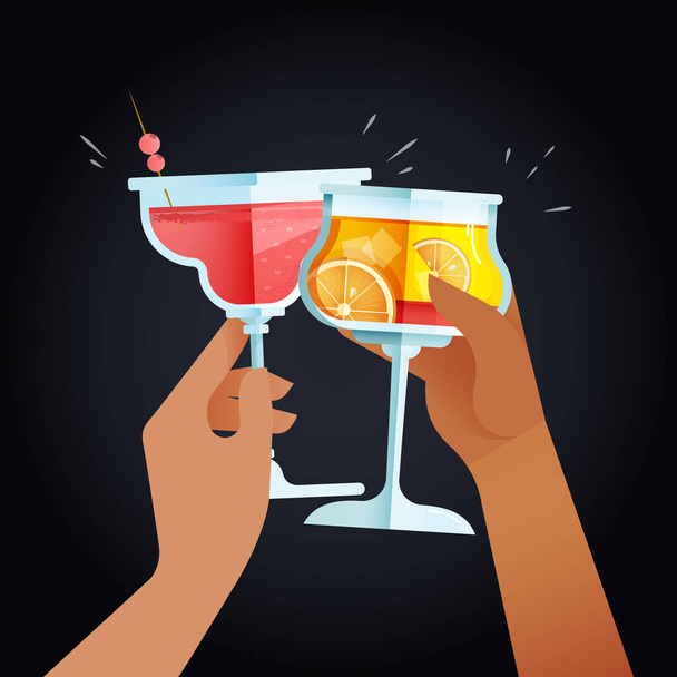 Modern Flat Vector Concept Illustrations. Social Media Ads with Hands Holding Cocktails. Celebration. Cheers. Poster Concept. Web Banner.  - Vector, Image