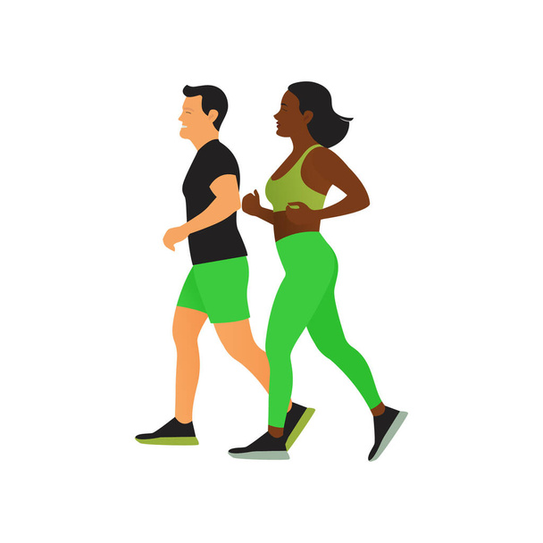 Ilustración vectorial moderna de Jogging Young Couple. Mujer afroamericana y hombre caucásico en ropa deportiva verde. Correr, Correr, Correr, Deporte. - Vector, imagen