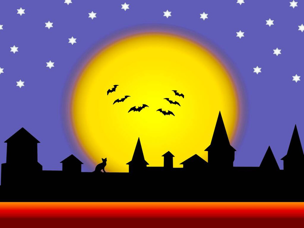 Halloween, sagome del centro storico sullo sfondo della luna piena di notte e con i pipistrelli che volano in giro e spaventano tutti  - Foto, immagini