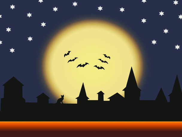 Halloween, silhouettes de la vieille ville sur fond de pleine lune la nuit et avec des chauves-souris qui volent et font peur à tout le monde  - Photo, image