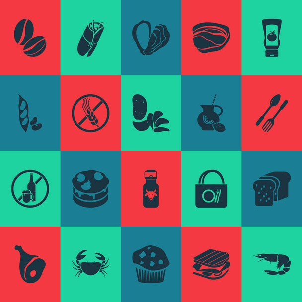 Lebensmittel-Symbole mit glutenfreien Elementen, Milchkannen, Krabben und anderen Erbsenschoten. Isolierte Illustration Lebensmittel-Ikonen. - Foto, Bild