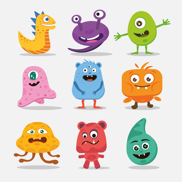 Una colección de diversos monstruos lindos. Criaturas divertidas coloridas. - Vector, imagen