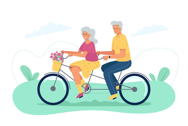Um homem idoso e uma mulher andam de bicicleta. Lazer romântico e estilo de vida ativo para aposentados. - Vetor, Imagem