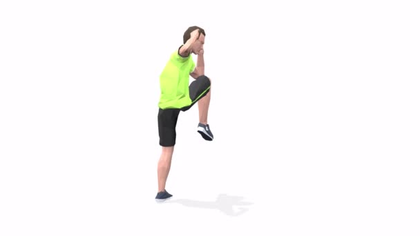 Squat Cross Elbow Hombre modelo 3D de animación de ejercicio sobre un fondo blanco en la camiseta amarilla. Bajo estilo poli - Metraje, vídeo