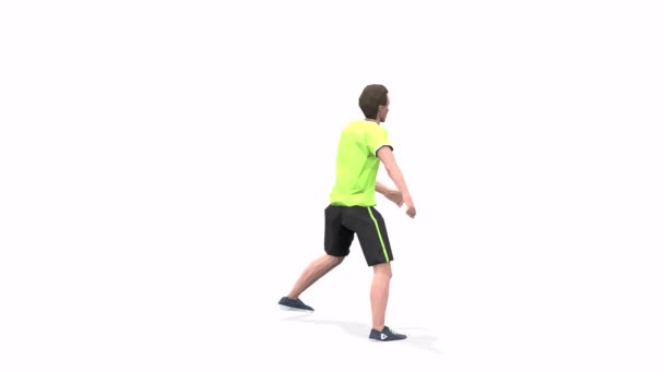 Lateral Jump Man esercizio di animazione modello 3d su sfondo bianco nella t-shirt gialla. Basso stile poli - Filmati, video