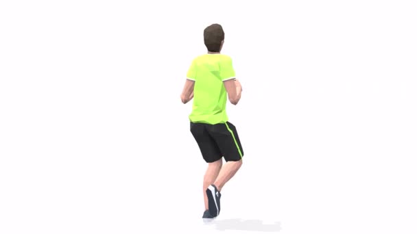Run Man esercizio di animazione modello 3d su sfondo bianco nella t-shirt gialla. Basso stile poli - Filmati, video