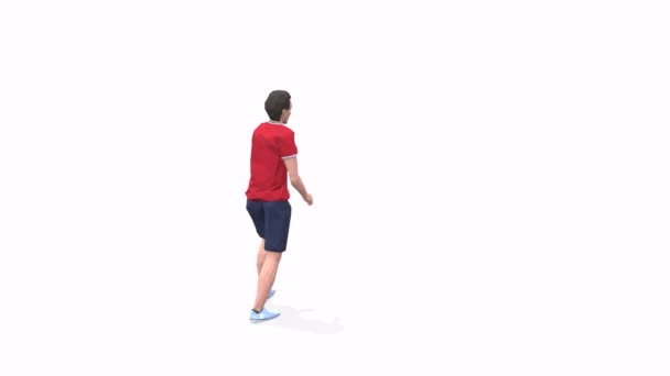 Board Jump met Shuffle Back Man oefenanimatie 3D-model op een witte achtergrond in het rode t-shirt. Lage polystijl - Video