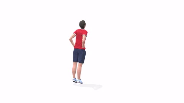Frog Jump Man ejercita la animación modelo 3D sobre un fondo blanco en la camiseta roja. Bajo estilo poli - Imágenes, Vídeo