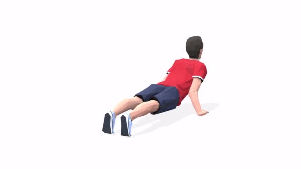 Индуистский Push Ups Man упражнения анимации 3D модель на белом фоне в красной футболке. Низкий полюс - Кадры, видео