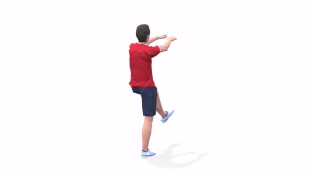 Pistola Squats Hombre ejercicio de animación modelo 3d sobre un fondo blanco en la camiseta roja. Bajo estilo poli - Metraje, vídeo