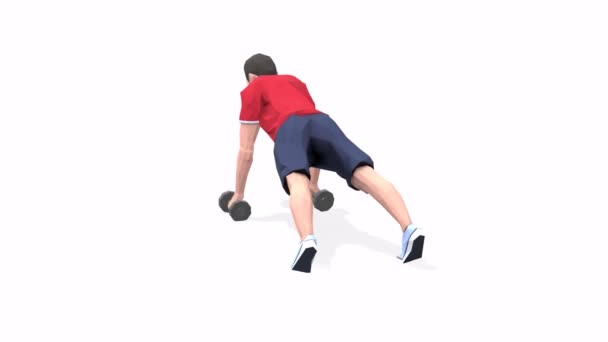 Plank Row Man ejercita la animación modelo 3D sobre un fondo blanco en la camiseta roja. Bajo estilo poli - Metraje, vídeo