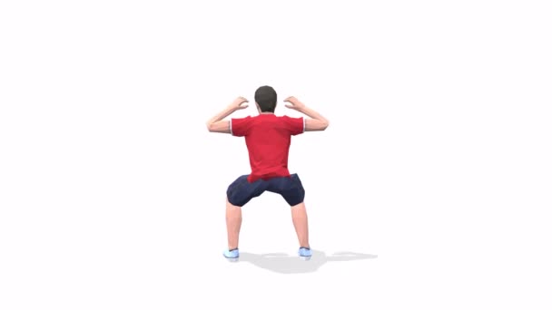 Squat Cross ElbowMan упражнения анимации 3D модель на белом фоне в красной футболке. Низкий полюс - Кадры, видео