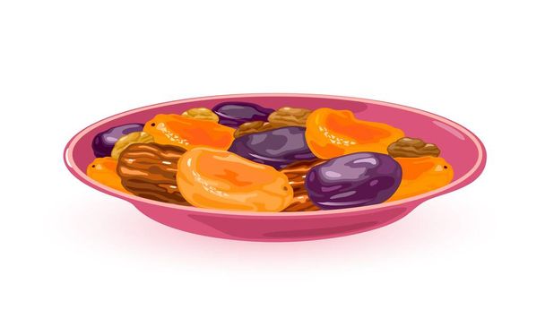 Καρτούν αποξηραμένα φρούτα στο πιάτο - Διάνυσμα, εικόνα