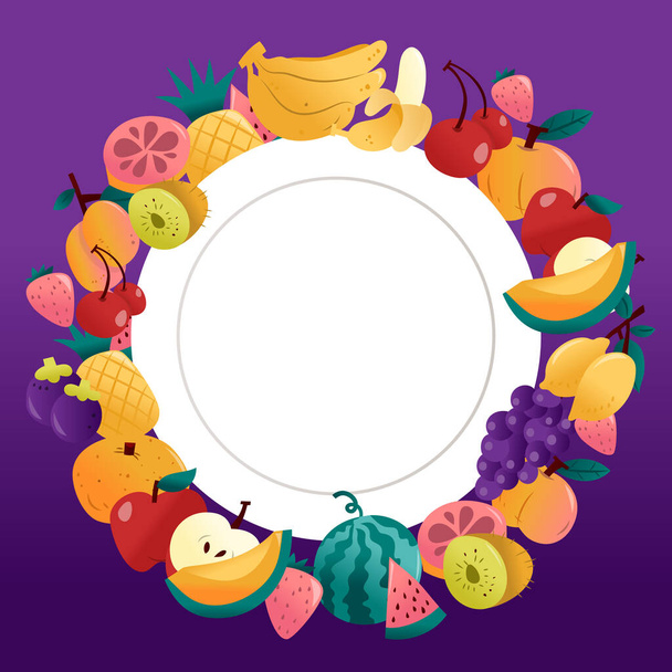 A cartoon vector illustration of fun summer fruits around a white plate copy space on a purple background. - Vector, Imagen