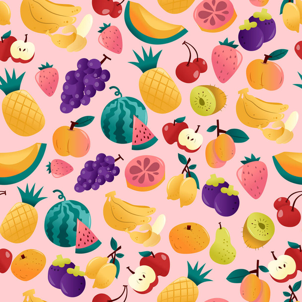 Une illustration vectorielle de dessin animé de divers fruits d'été amusant fond de motif rose sans couture. - Vecteur, image