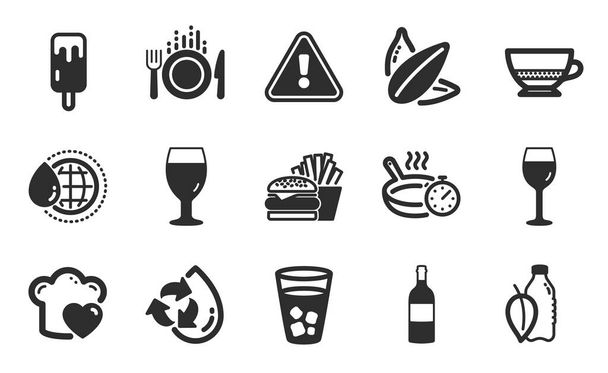 World water, Sunflower seed and Recycle water icons simple set. Ice cream, Wine bottle and Frying pan signs. Love cooking, Ice tea and Burger symbols. Food, Bombon coffee and Wine glass. Vector - Vecteur, image