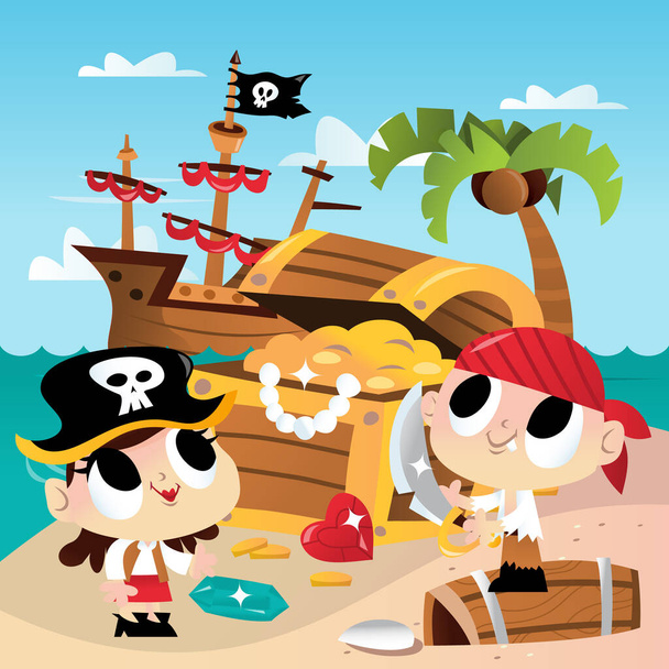 Eine Cartoon-Vektor-Illustration eines supersüßen Pirateninsel Schatzsuche Abenteuer. Zwei Piratenkinder stehen an einem Strand mit Kokosnussbaum und Schatztruhe. - Vektor, Bild