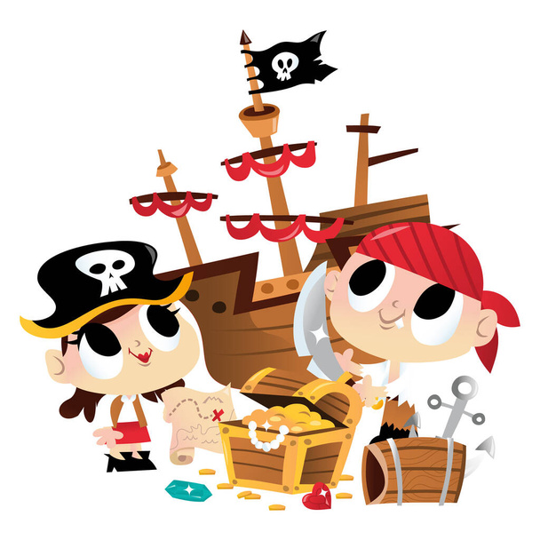 海賊の子供2人と海賊船と超かわいい宝探しの漫画のベクトルイラスト。彼らは背景から隔離されている. - ベクター画像
