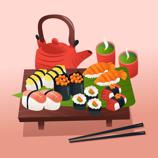 Una ilustración vectorial de dibujos animados de sushi y sashimi en una bandeja de madera con una tetera y dos tés verdes calientes. - Vector, imagen