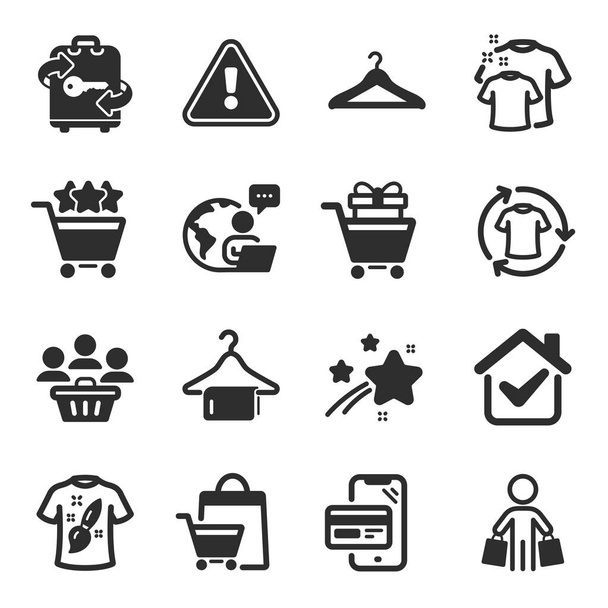 Set of Fashion icons, such as Cloakroom, Shopping rating, T-shirt design symbols. Clean t-shirt, Sale bags, Change clothes signs. Clean towel, Shopping trolley, Buyers. Buyer, Luggage. Vector - Vektor, obrázek