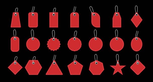 Πρότυπο των κενών κόκκινο χαρτί ετικέτες τιμών ή ετικέτες δώρων. Σετ ετικετών πώλησης με κορδόνι. Διάνυσμα - Διάνυσμα, εικόνα