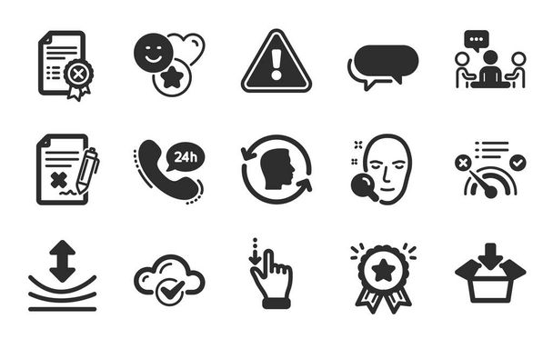 People chatting, Messenger and No internet icons simple set. Touchscreen gesture, Reject certificate and 24h service signs. Cloud computing, Reject file and Resilience symbols. Flat icons set. Vector - Διάνυσμα, εικόνα
