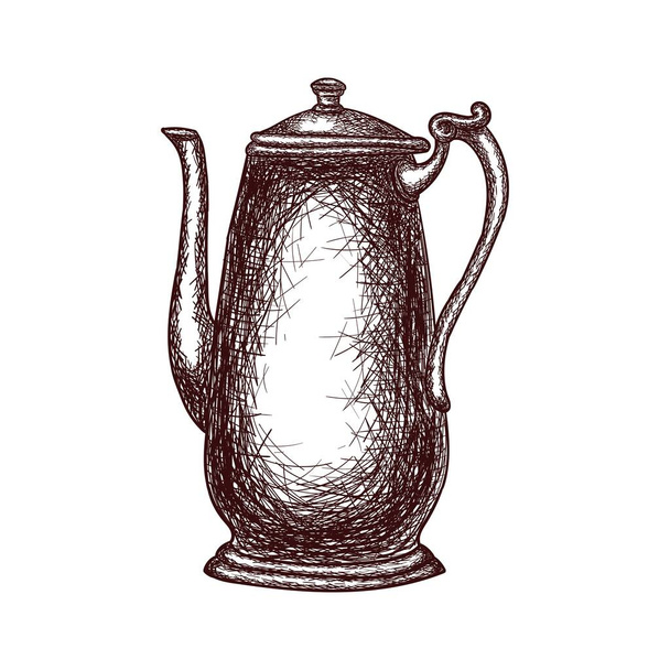 Vintage teapot outline drawing isolated on white background, stock vector illustration for design and decor, template, sticker, poster, sketch, copper cookware - Vetor, Imagem