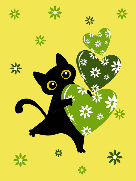 Chat noir et coeur de fleur de printemps vert. Carte de la Saint-Valentin. Un motif pour les imprimés à la mode sur les tasses, oreillers, textiles, vêtements, T-shirts, planeurs, housses - Photo, image