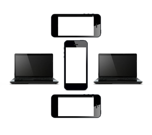 smartphones avec écrans blancs et moniteurs d'ordinateur sur fond blanc - Photo, image