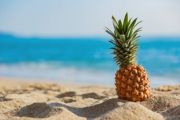 Ananas am Sandstrand im Sommer Auf dem verschwommenen Meeresgrund - Foto, Bild