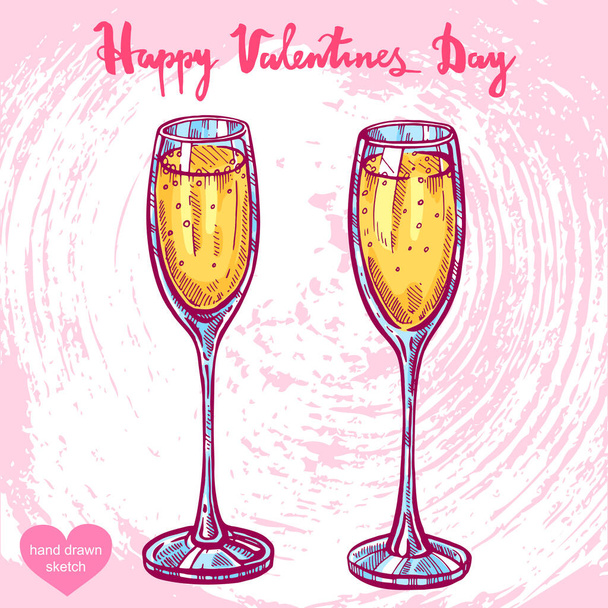 Vector hand drawn illustration of wineglasses, text Happy Valentines Day on background with abstract paper texture, retro frame. Valentines glasses sketch. Linear art in vintage style for design. - Vector, imagen