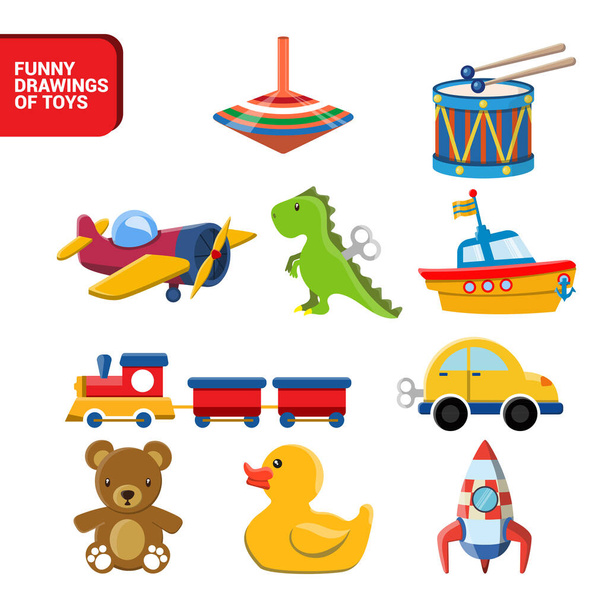 Vector image. Children's toys drawings. Toy with a spinning top, dinosaur, teddy bear, ship, a drum, car, air balloon, plane, rocket, rubber duck and a train. Nice drawings for children. - Vector, Image