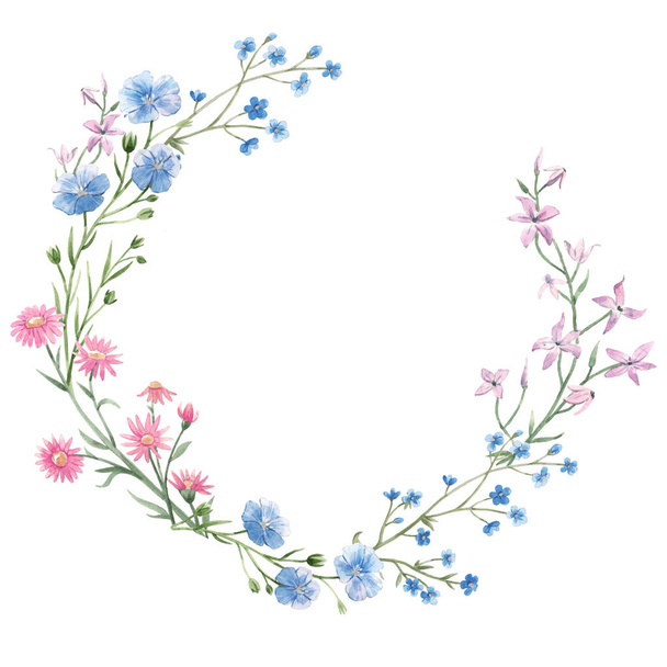 Beautiful floral wreath with watercolor hand drawn gentle spring flowers. Stock illustration. - Φωτογραφία, εικόνα