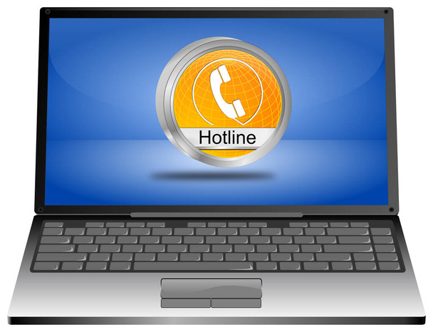 Portatile con pulsante Hotline arancione sul desktop blu - Illustrazione 3D - Foto, immagini