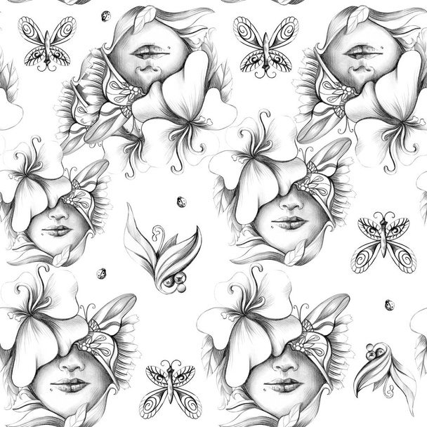 Conjunto floral de primavera gráfica de bocetos a lápiz - Foto, Imagen