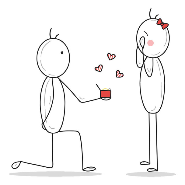 棒男は膝の上に立ち赤い弓で素敵な棒女への提案をしている。赤いベルベットの箱に婚約指輪。幸せなバレンタインデー、愛、感情、心の概念 - ベクター画像